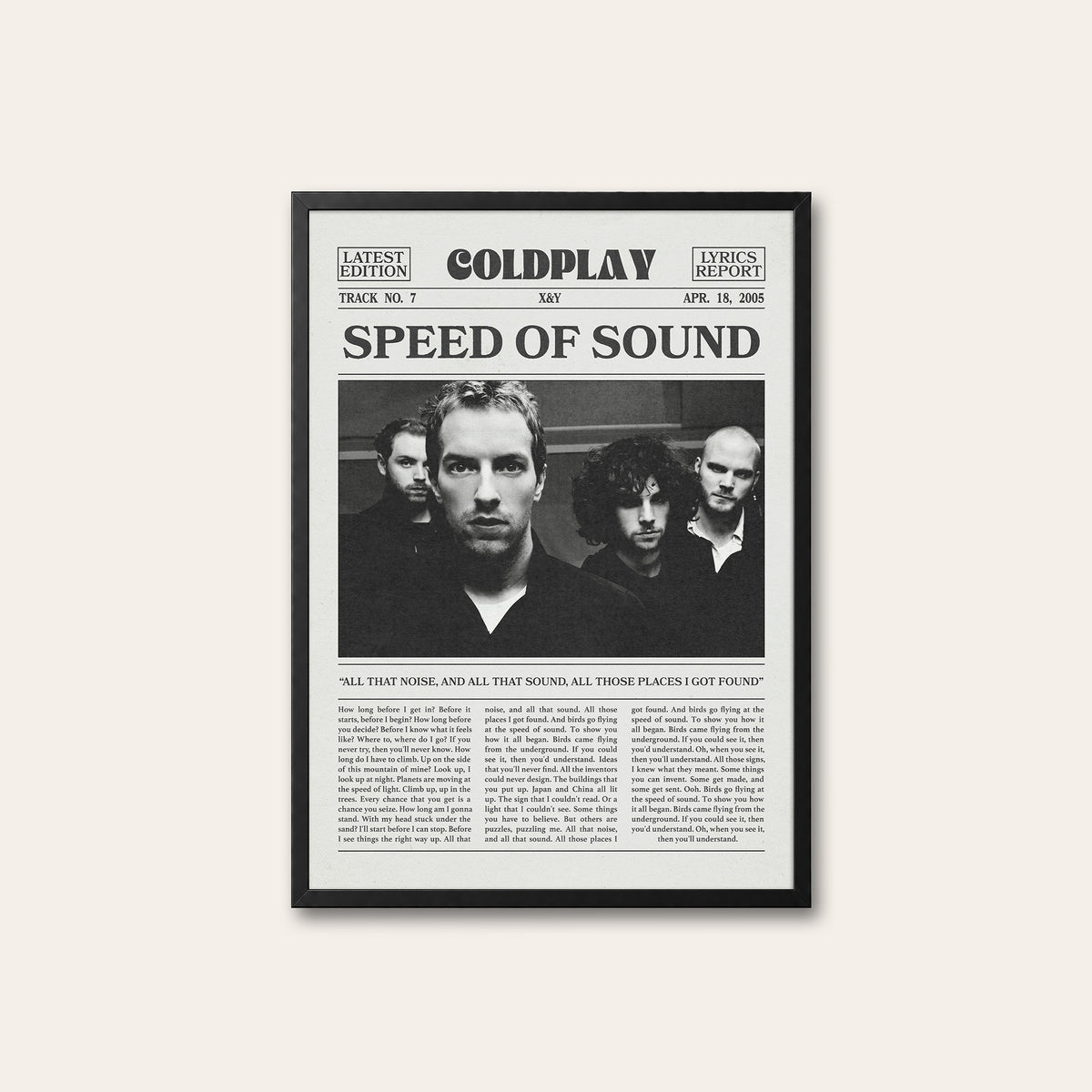 Coldplay Speed of Sound newspaper poster — black frame