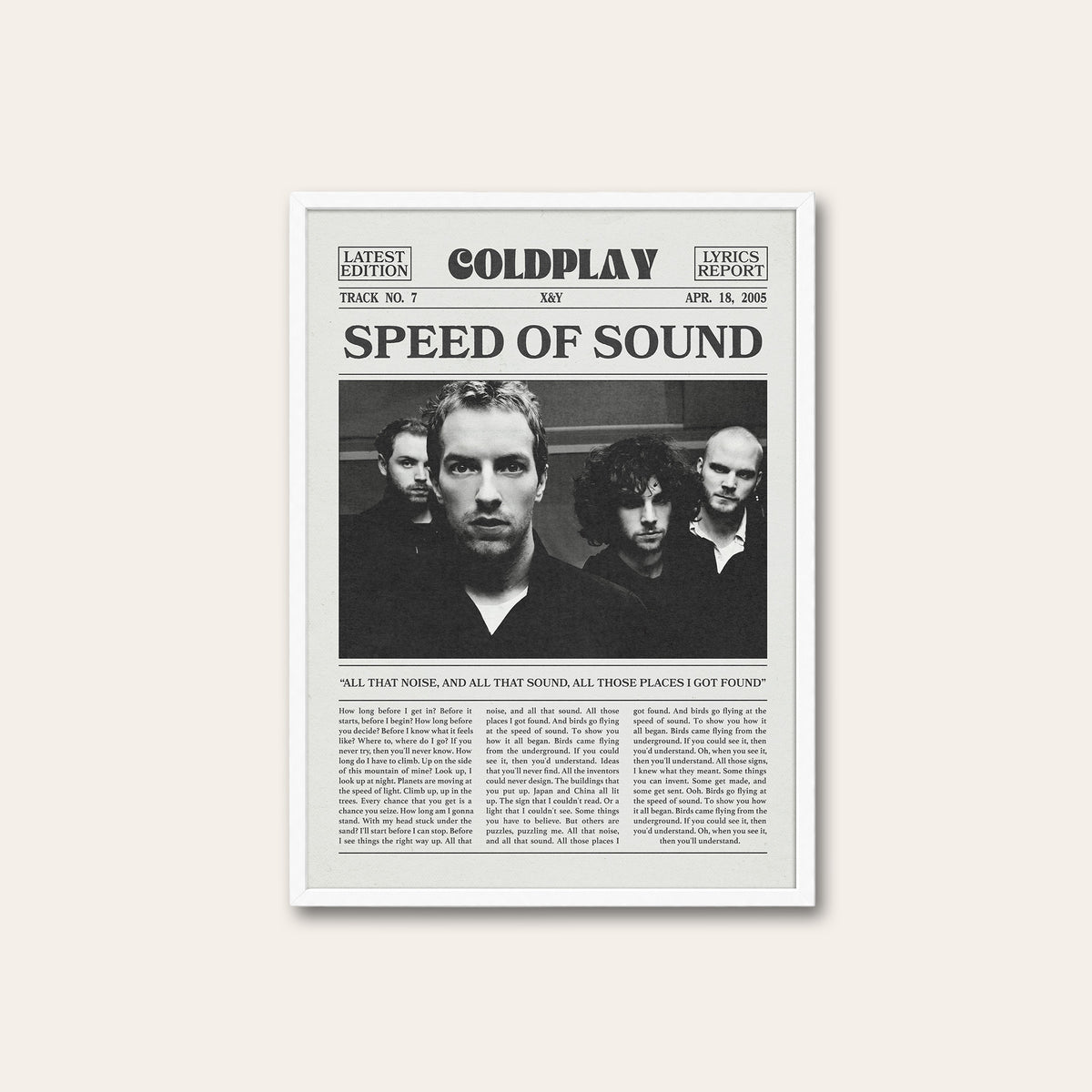Coldplay Speed of Sound newspaper poster — white frame