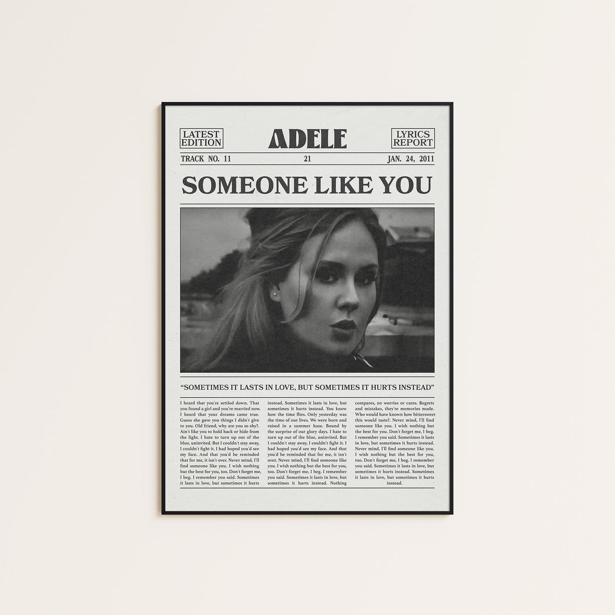 Adele Someone Like You newspaper poster — black frame display