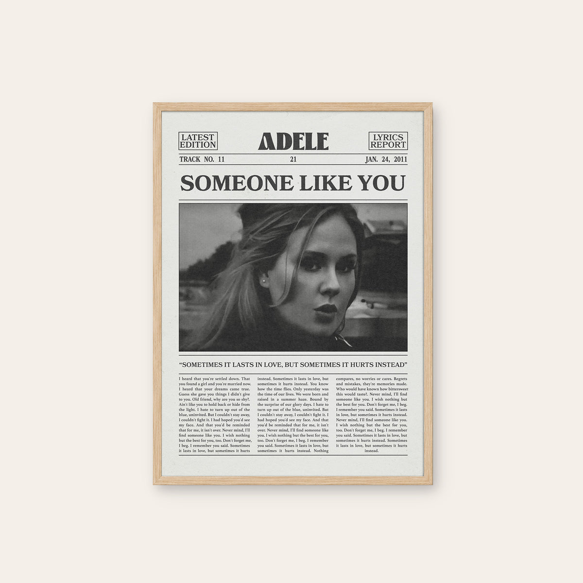 Adele Someone Like You newspaper poster — natural wood frame
