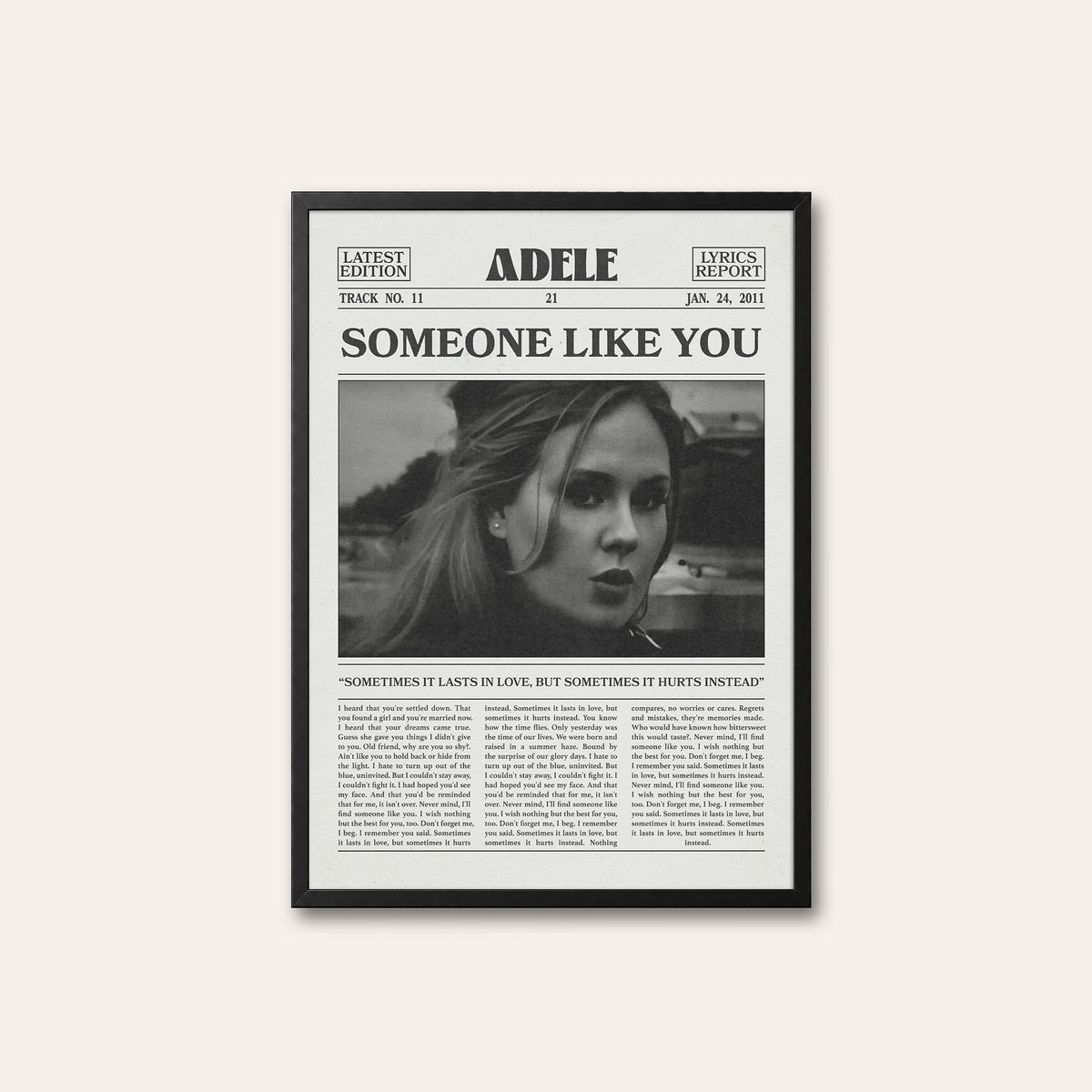 Adele Someone Like You newspaper poster — black frame