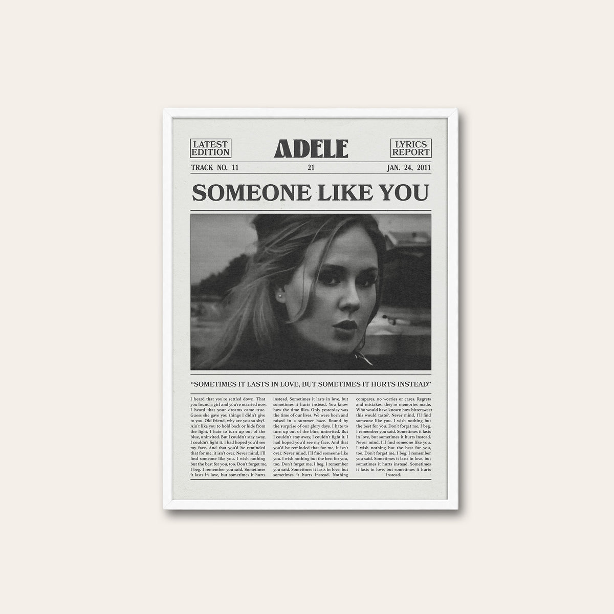 Adele Someone Like You newspaper poster — white frame