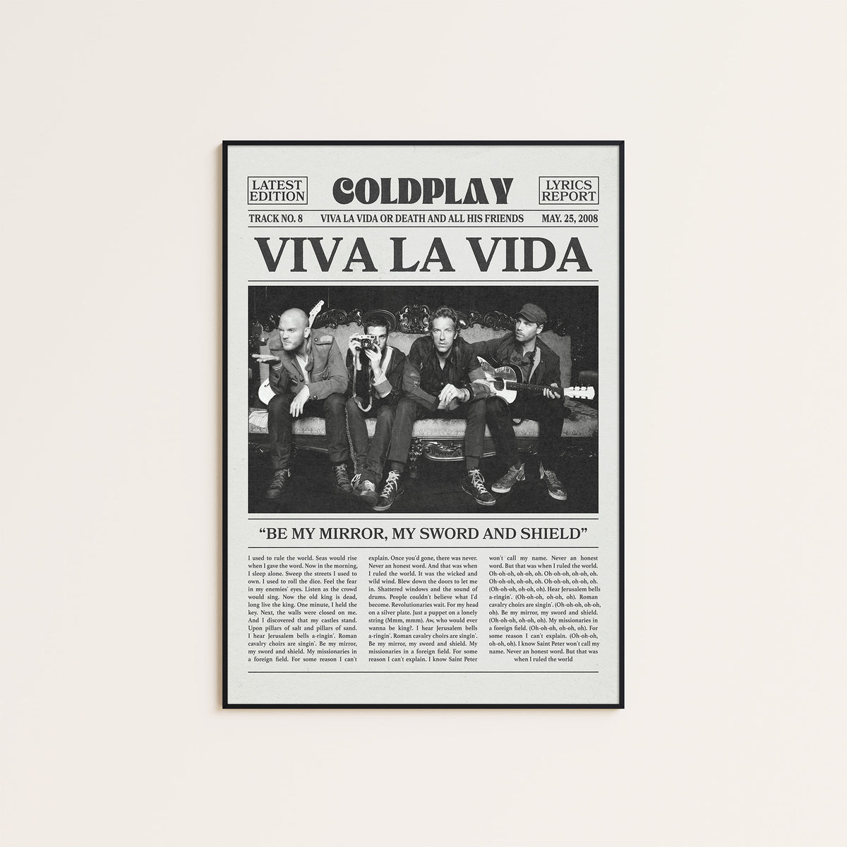 Coldplay Viva La Vida newspaper poster, Band — black frame display