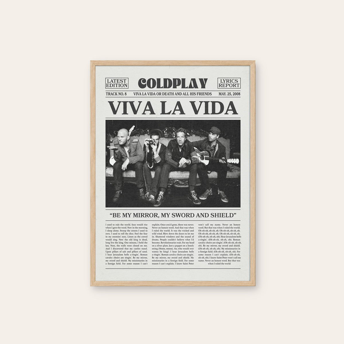 Coldplay Viva La Vida newspaper poster, Band — natural wood frame