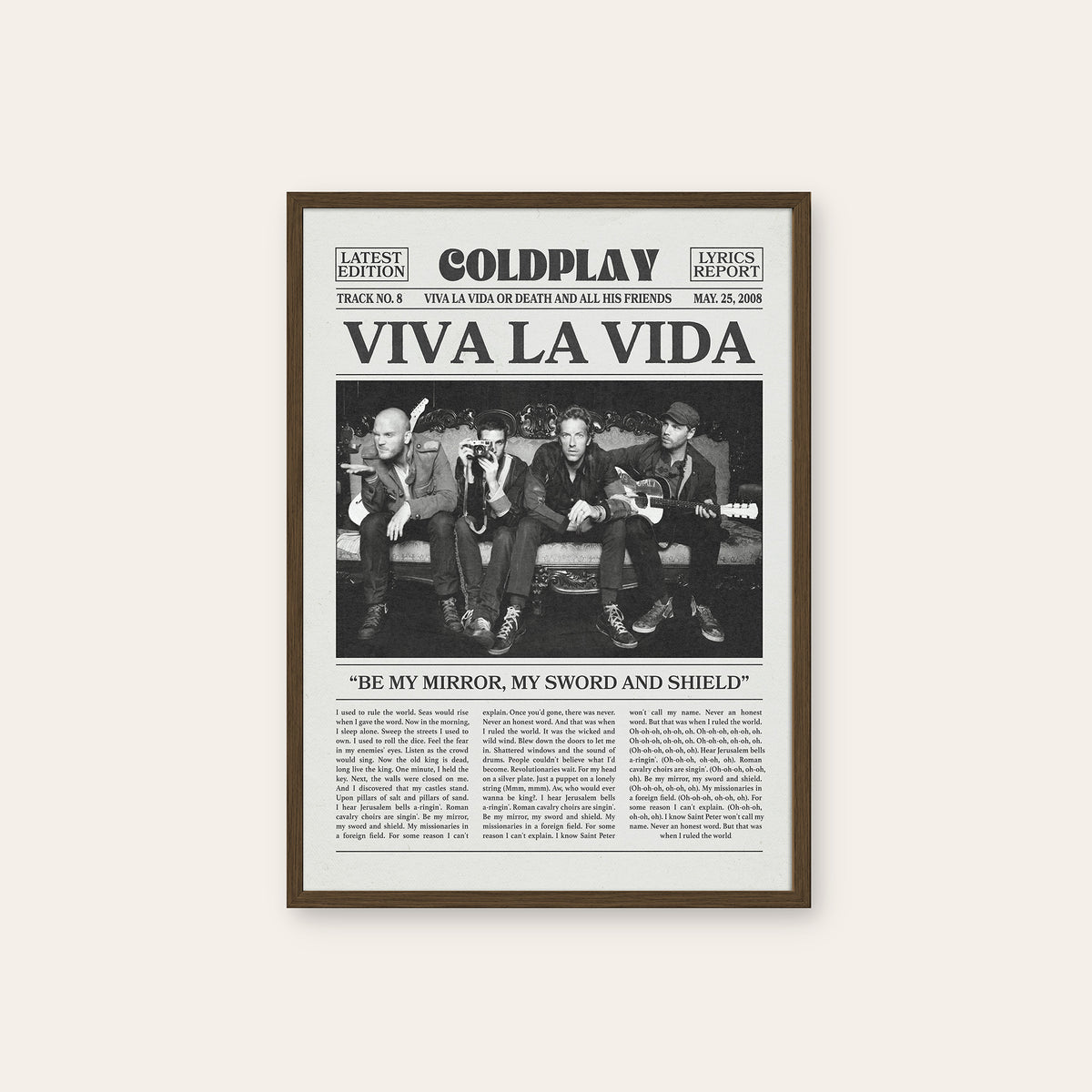 Coldplay Viva La Vida newspaper poster, Band — dark wood frame