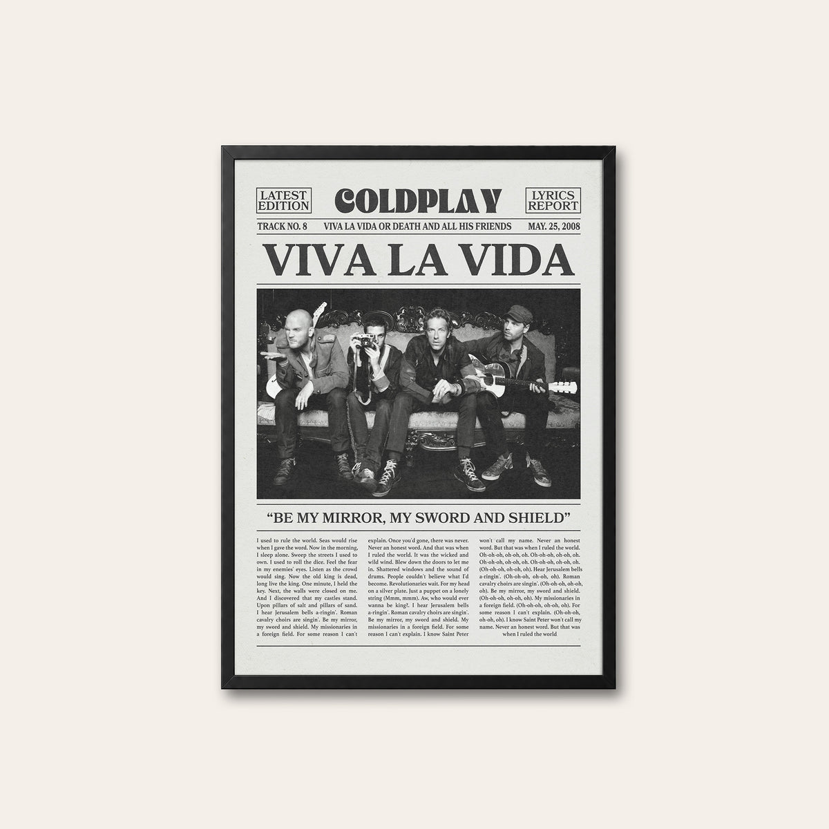 Coldplay Viva La Vida newspaper poster, Band — black frame