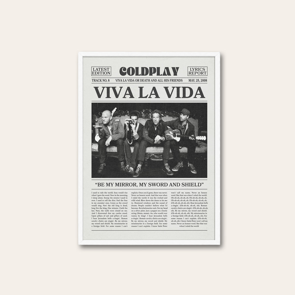 Coldplay Viva La Vida newspaper poster, Band — white frame