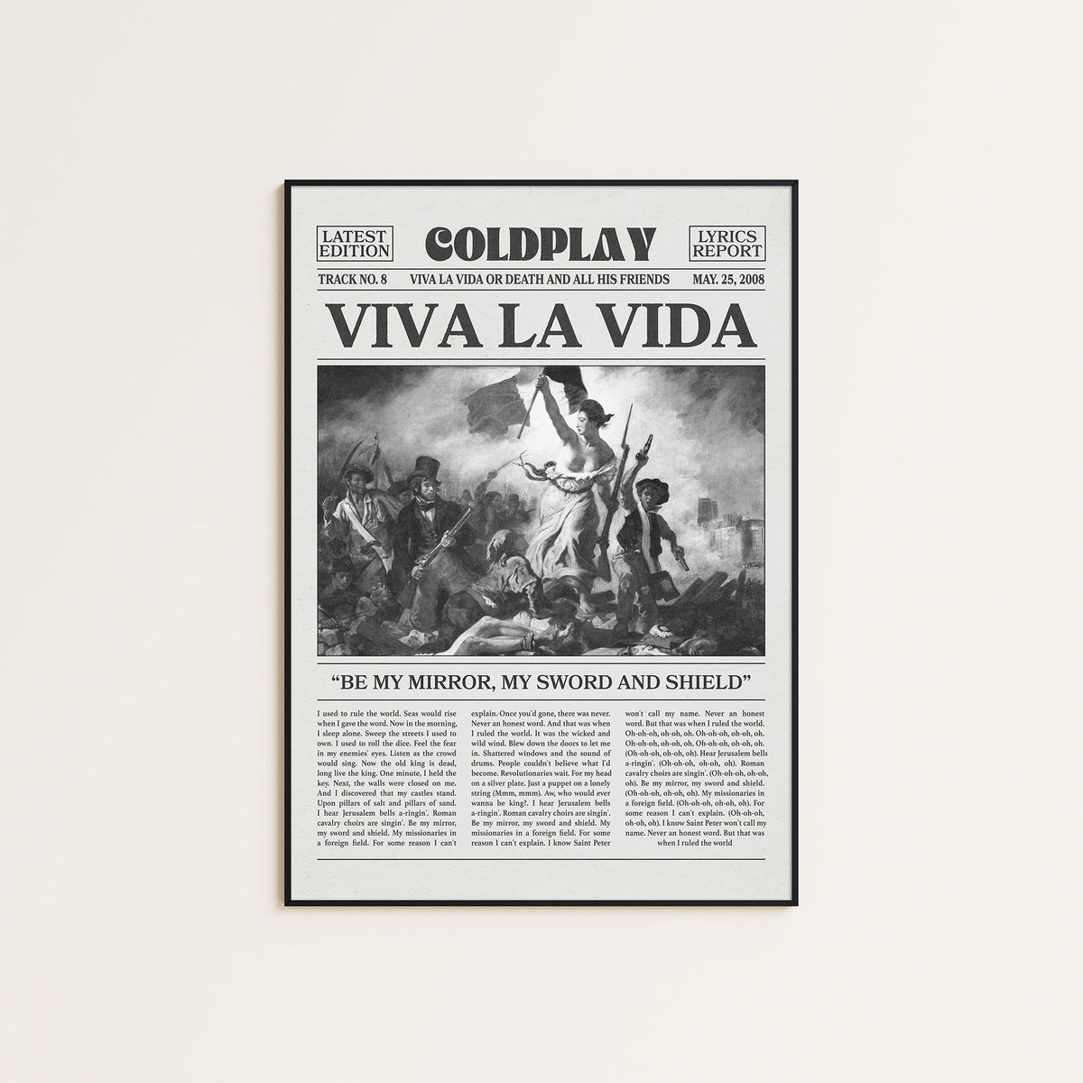 Coldplay Viva La Vida newspaper poster, Painting — black frame display