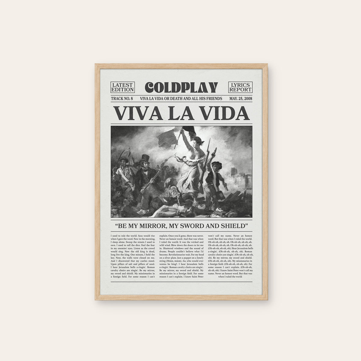 Coldplay Viva La Vida newspaper poster, Painting — natural wood frame