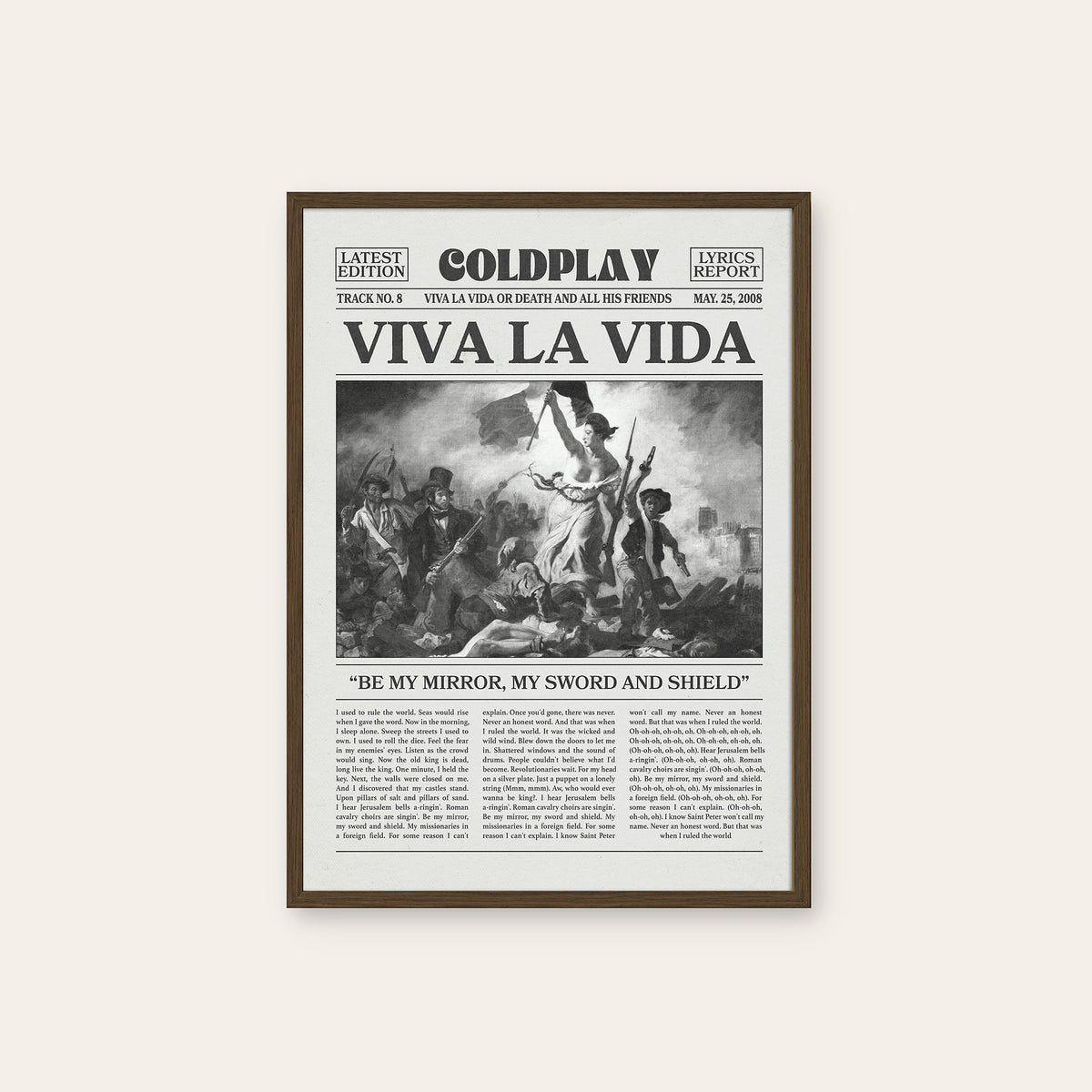 Coldplay Viva La Vida newspaper poster, Painting — dark wood frame
