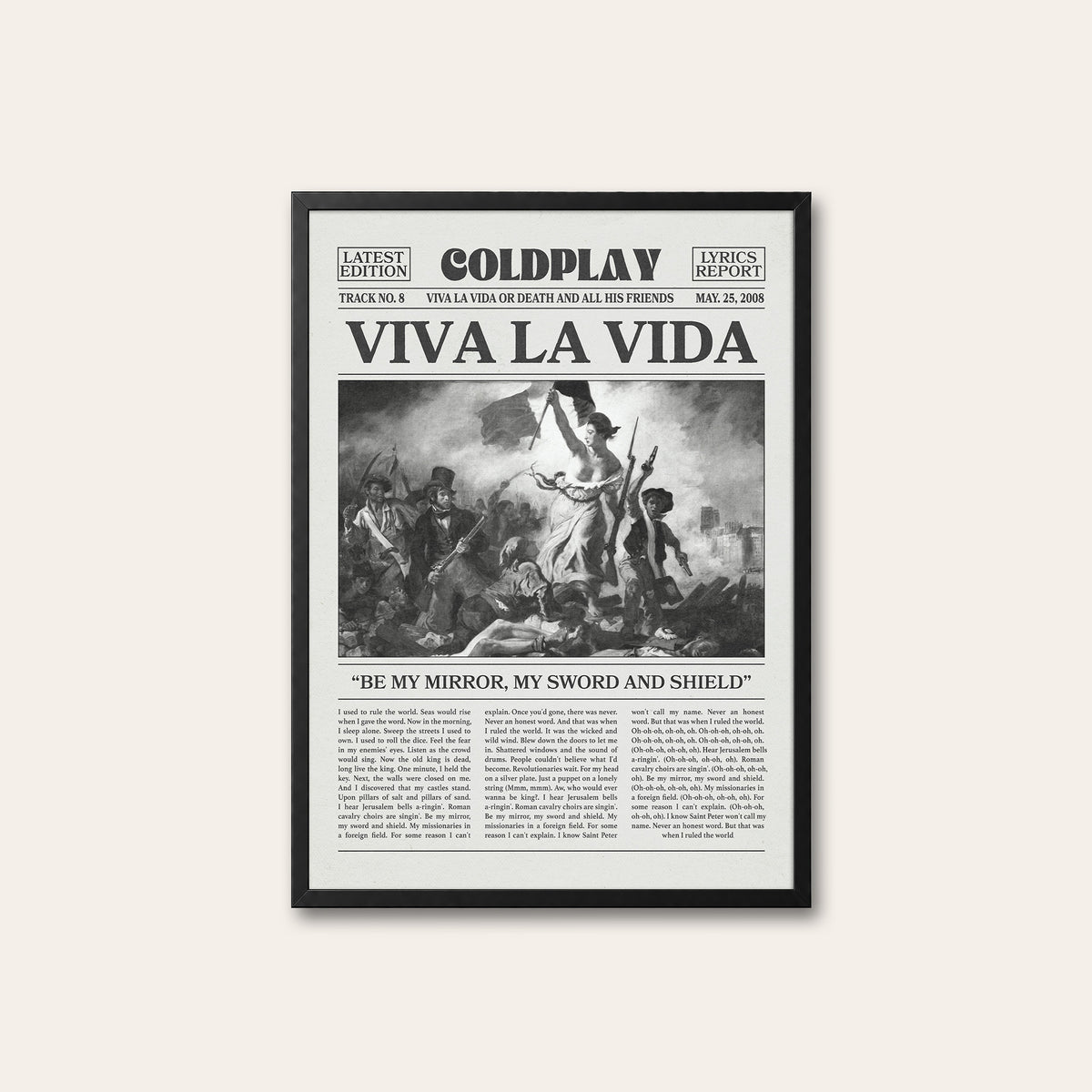 Coldplay Viva La Vida newspaper poster, Painting — black frame