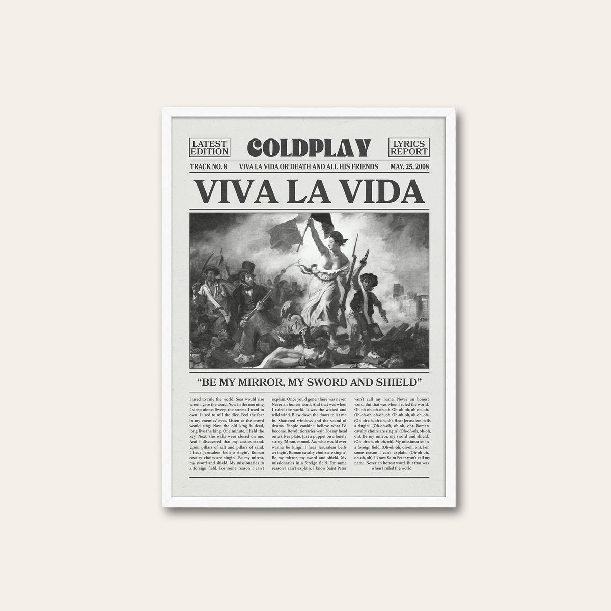 Coldplay Viva La Vida newspaper poster, Painting — white frame