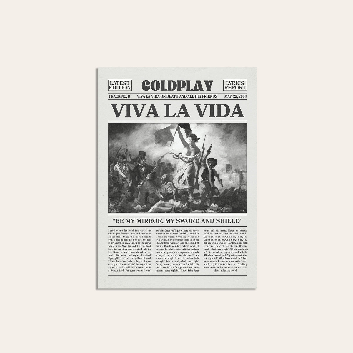 Coldplay Viva La Vida newspaper poster, Painting — unframed print