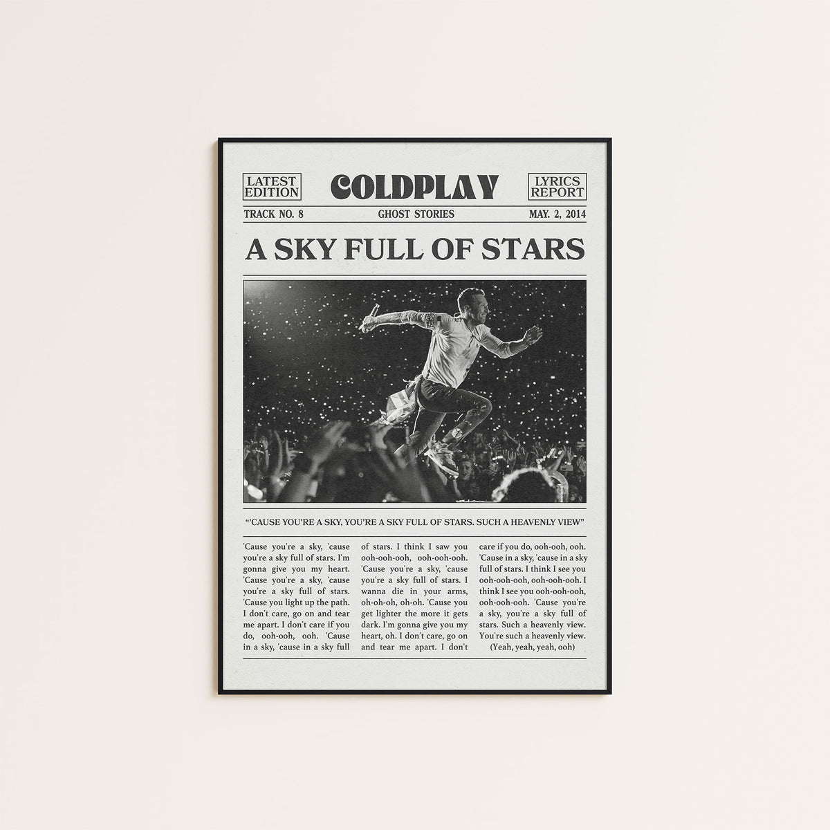 Coldplay A Sky Full of Stars newspaper poster — black frame display