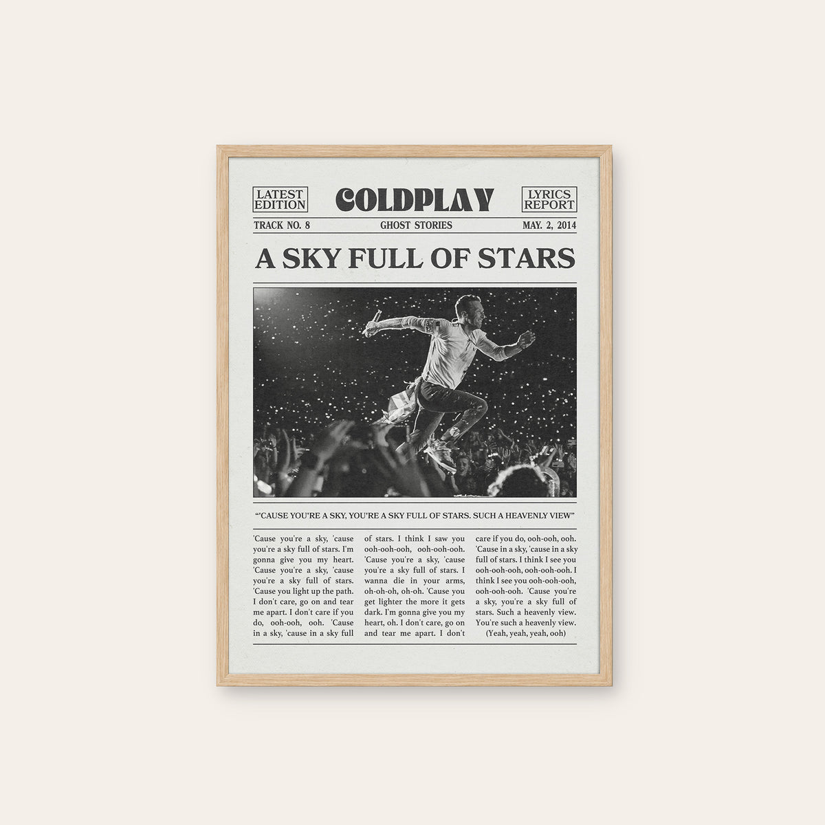 Coldplay A Sky Full of Stars newspaper poster — natural wood frame