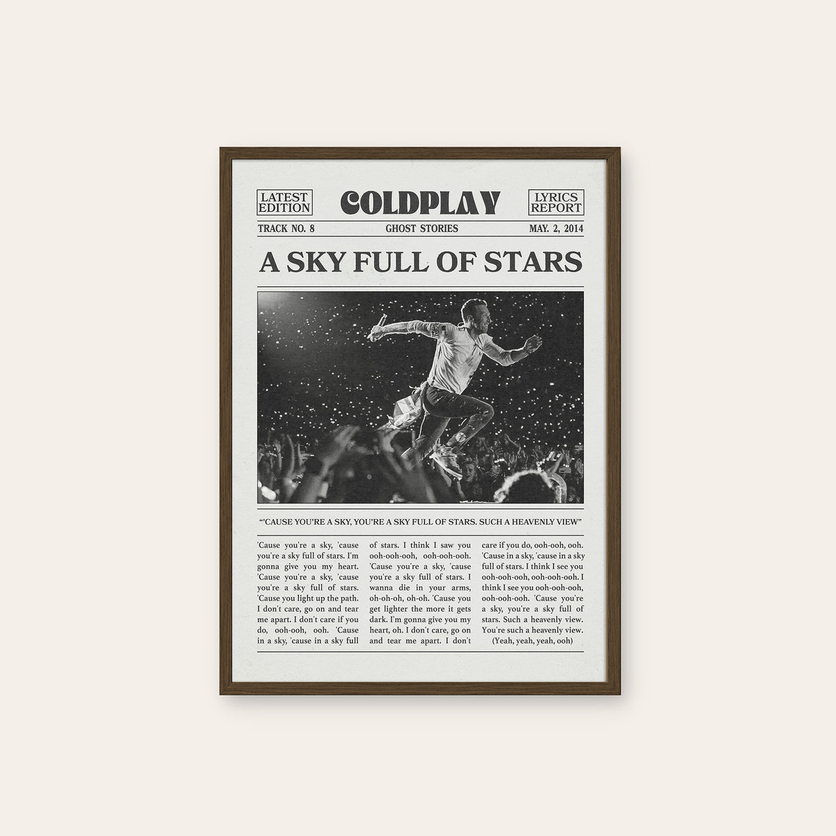 Coldplay A Sky Full of Stars newspaper poster — dark wood frame