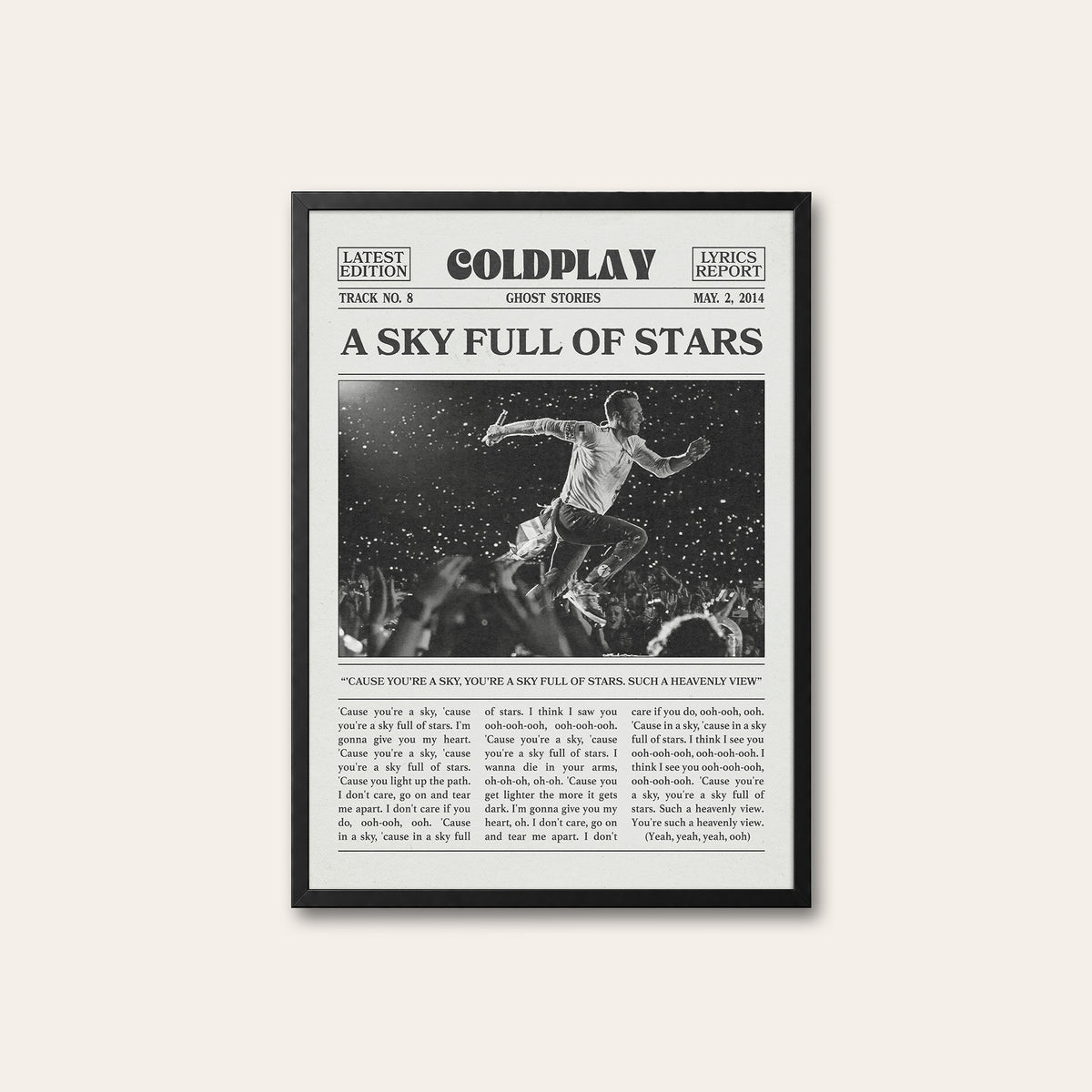 Coldplay A Sky Full of Stars newspaper poster — black frame