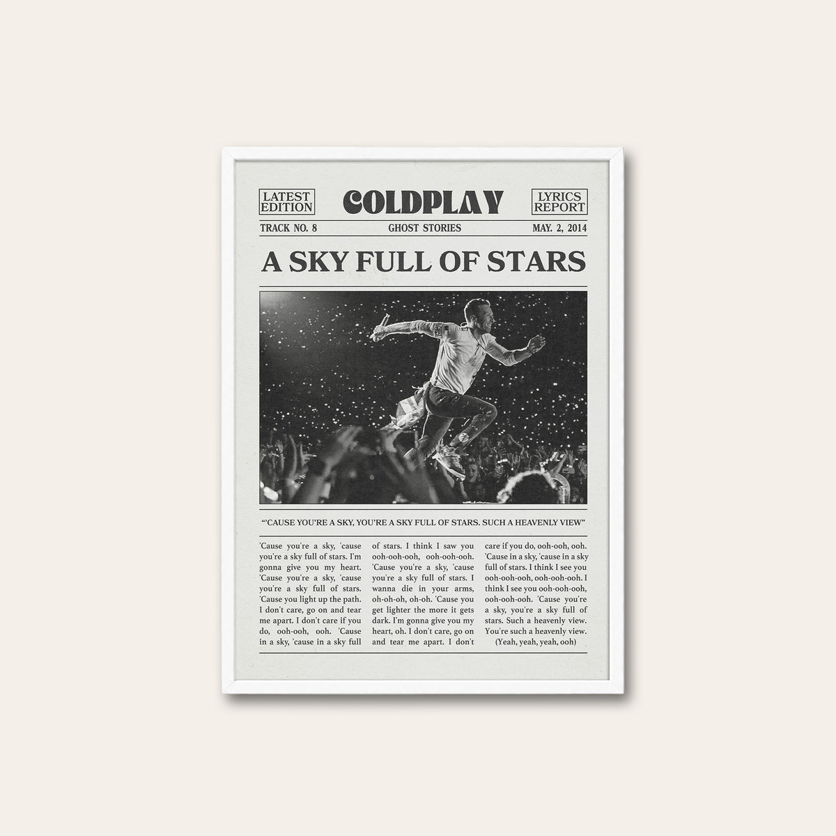 Coldplay A Sky Full of Stars newspaper poster — white frame