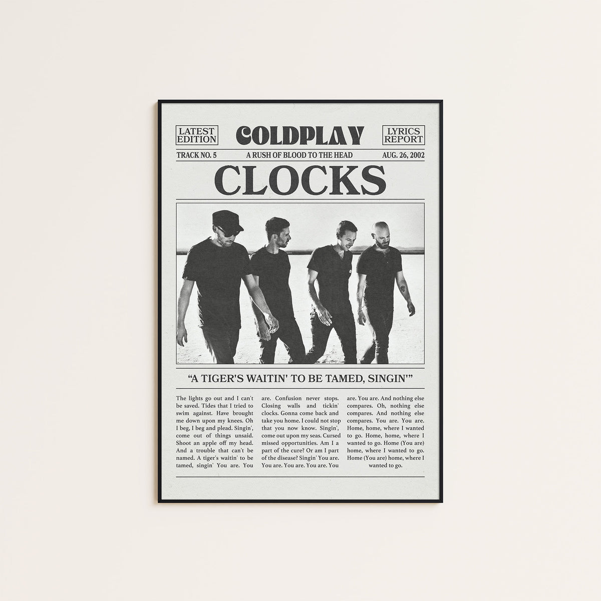 Coldplay Clocks newspaper poster, Band — black frame display