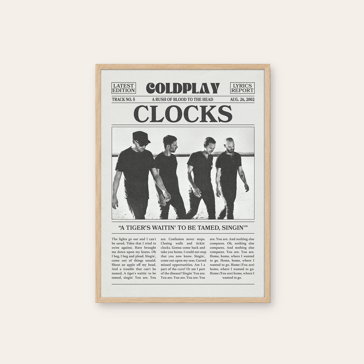 Coldplay Clocks newspaper poster, Band — natural wood frame