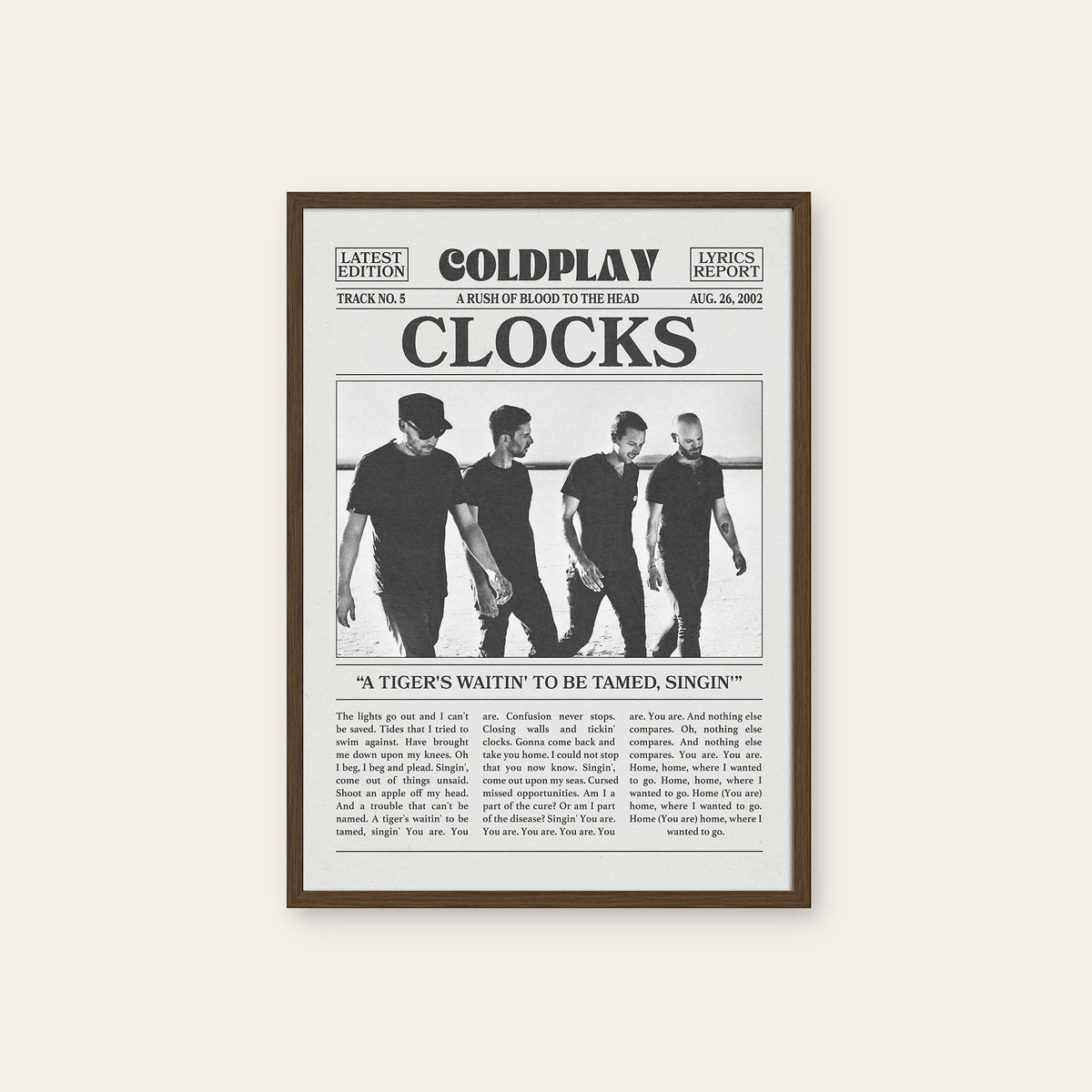 Coldplay Clocks newspaper poster, Band — dark wood frame
