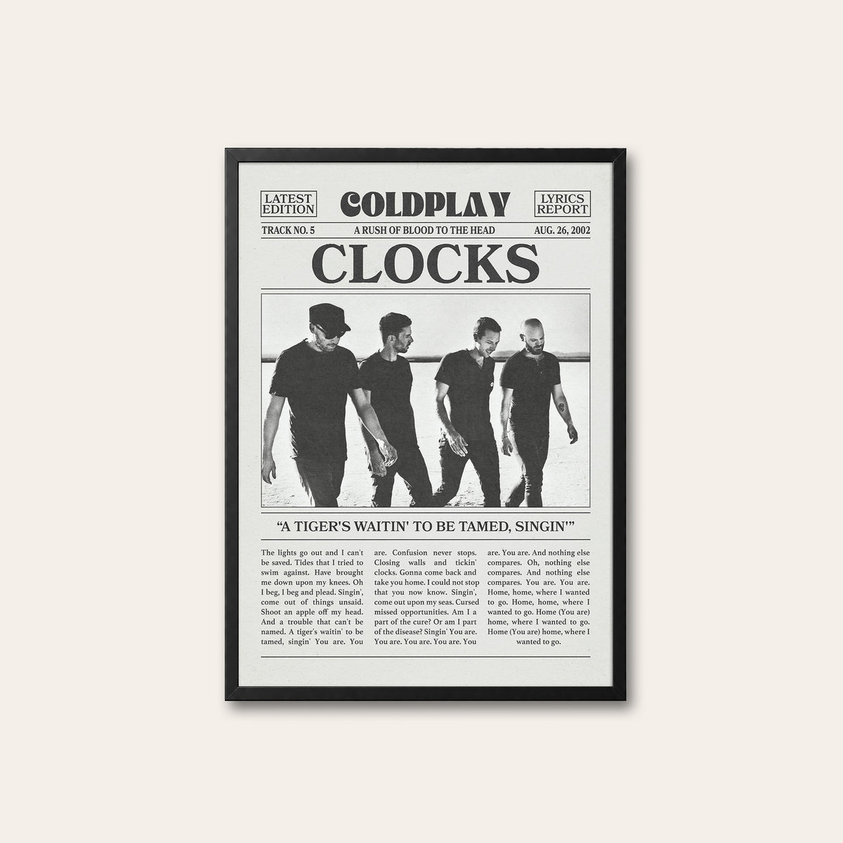 Coldplay Clocks newspaper poster, Band — black frame