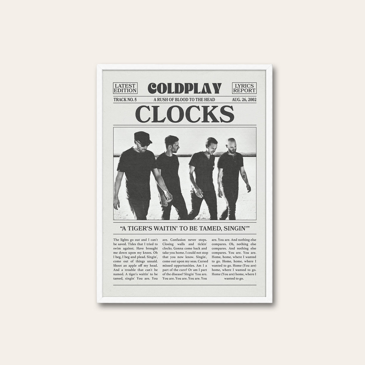 Coldplay Clocks newspaper poster, Band — white frame