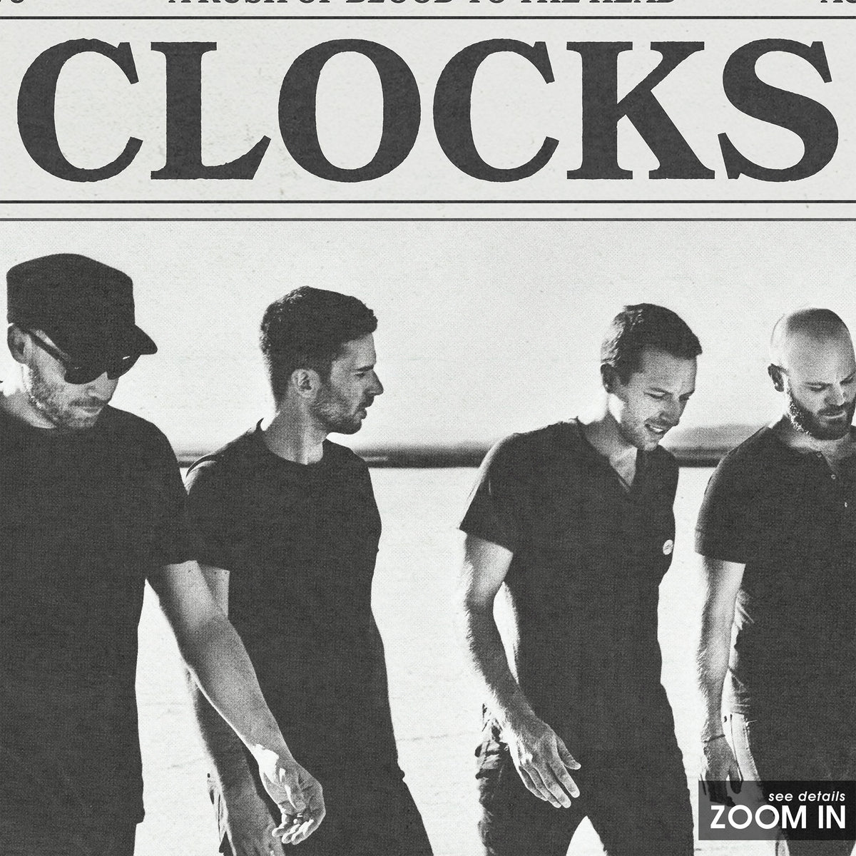 Coldplay Clocks newspaper poster, Band — close-up detail