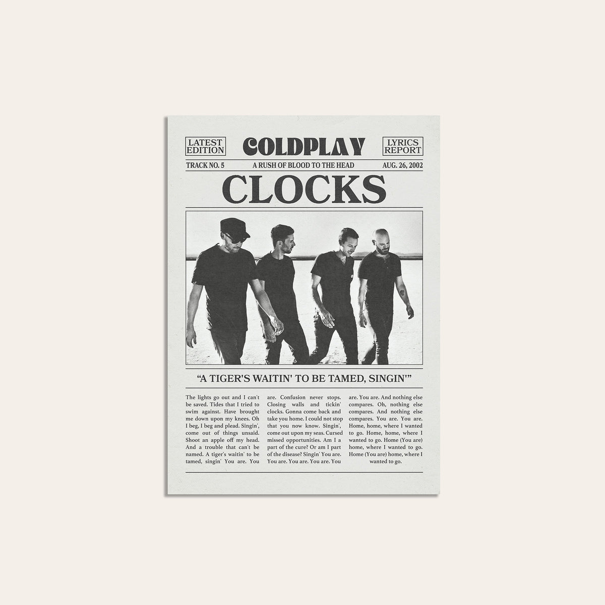 Coldplay Clocks newspaper poster, Band — unframed print