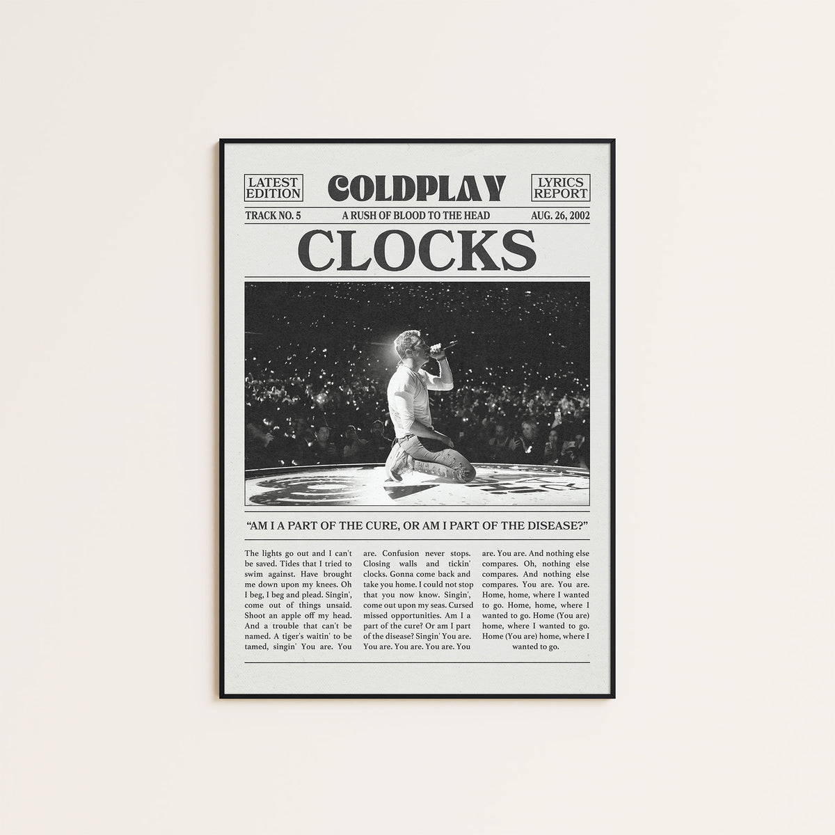 Coldplay Clocks newspaper poster, Stage — black frame display