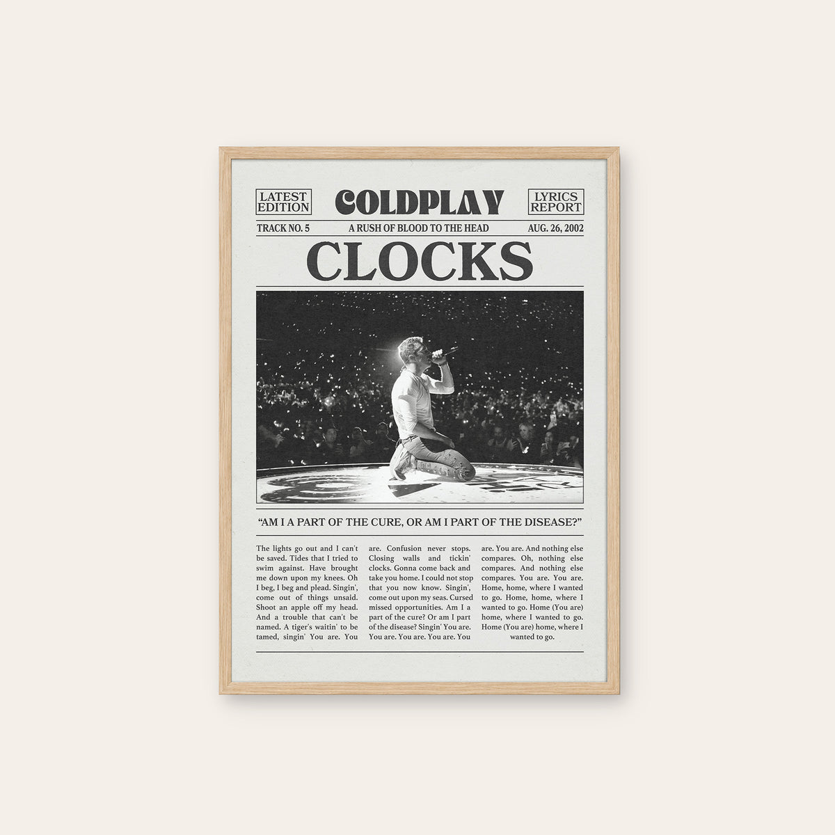 Coldplay Clocks newspaper poster, Stage — natural wood frame