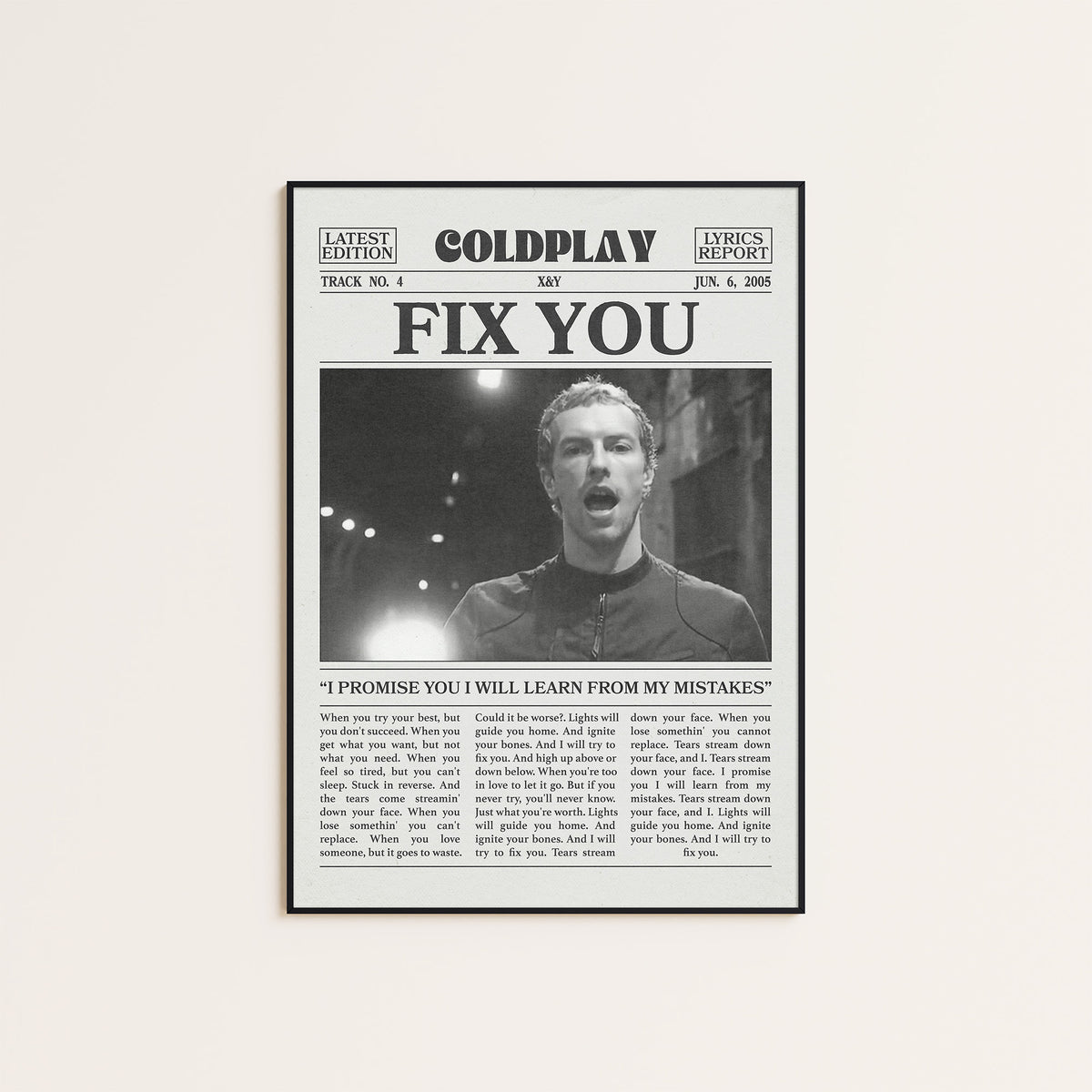 Coldplay Fix You newspaper poster — black frame display
