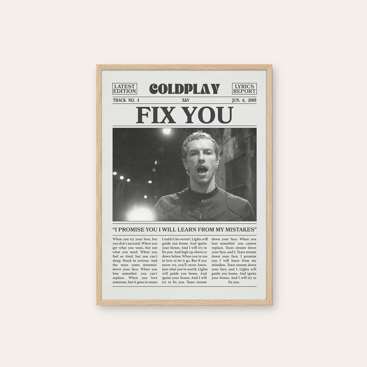 Coldplay Fix You newspaper poster — natural wood frame