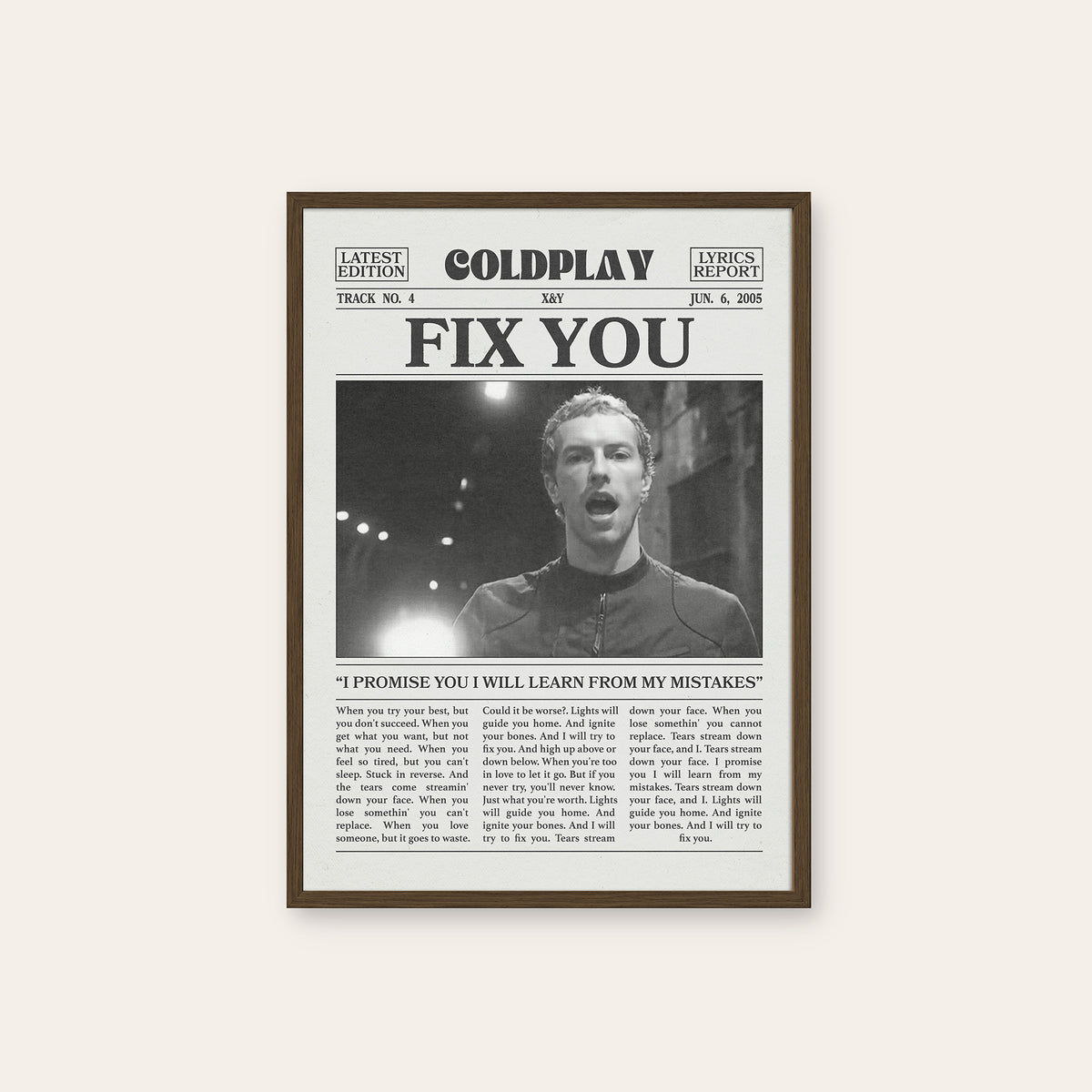 Coldplay Fix You newspaper poster — dark wood frame