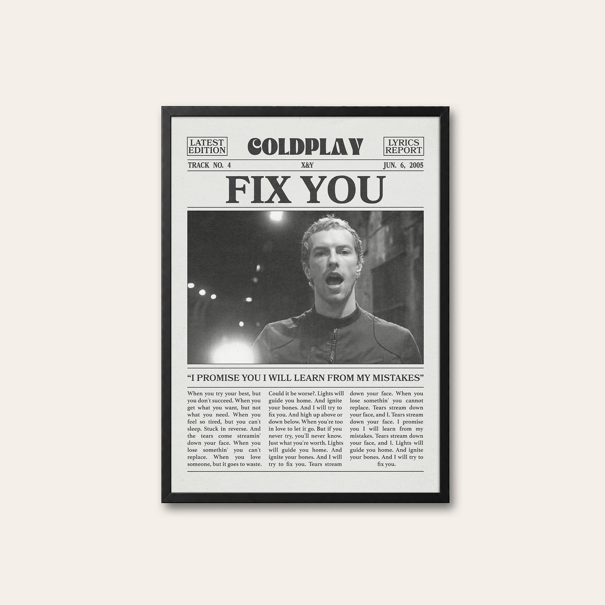 Coldplay Fix You newspaper poster — black frame