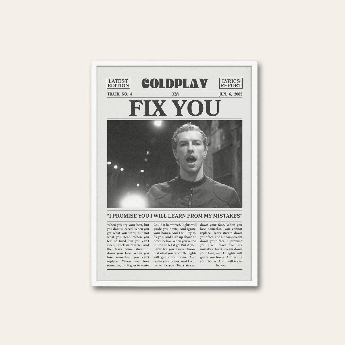 Coldplay Fix You newspaper poster — white frame