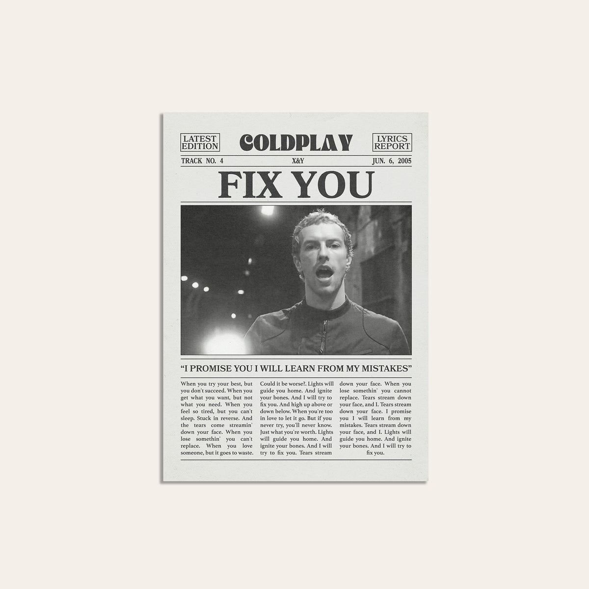 Coldplay Fix You newspaper poster — unframed print
