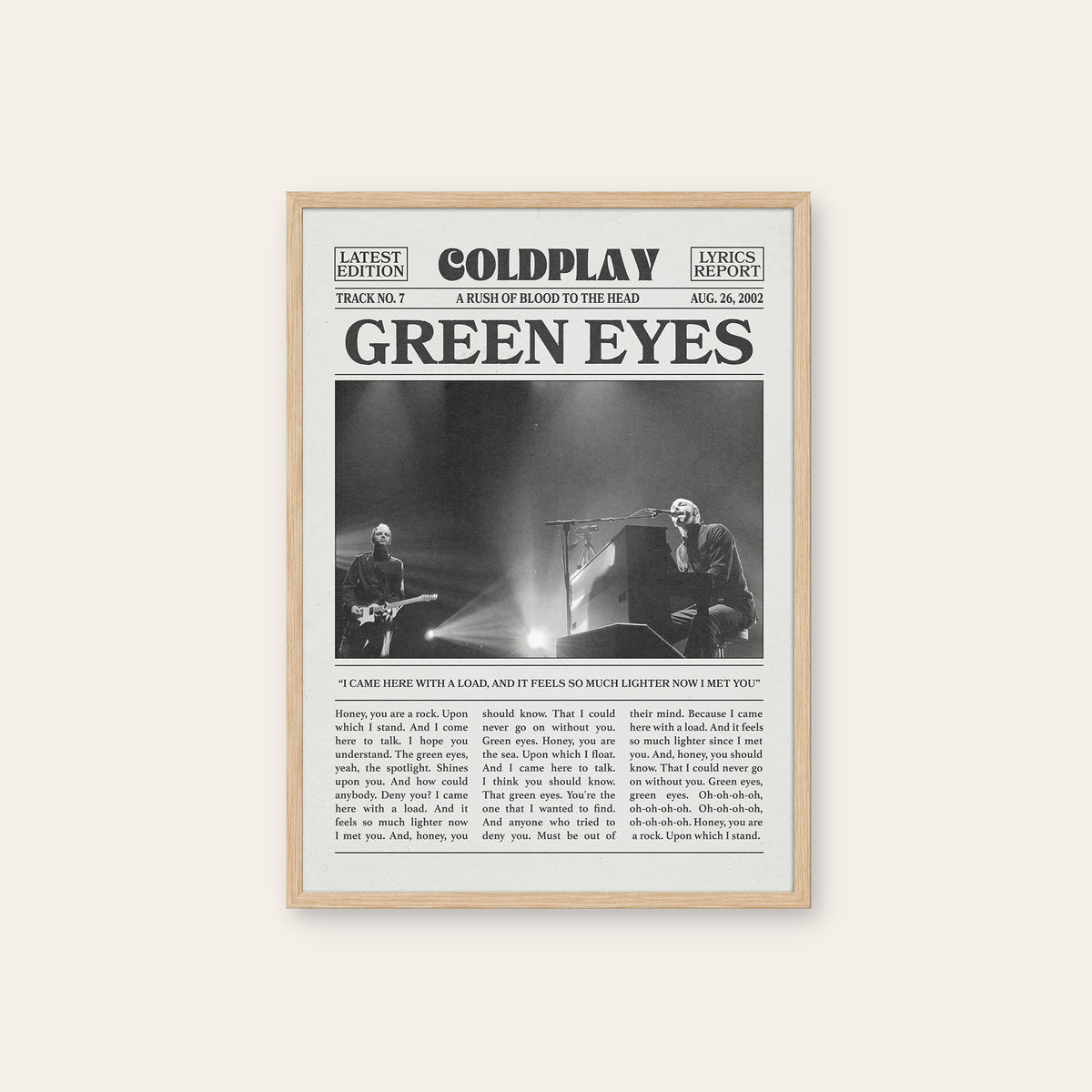 Coldplay Green Eyes newspaper poster — natural wood frame