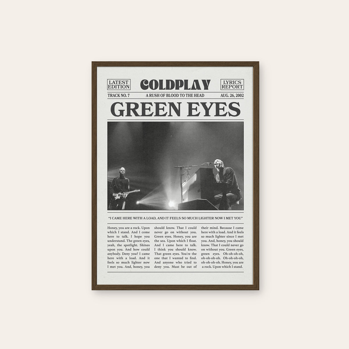 Coldplay Green Eyes newspaper poster — dark wood frame