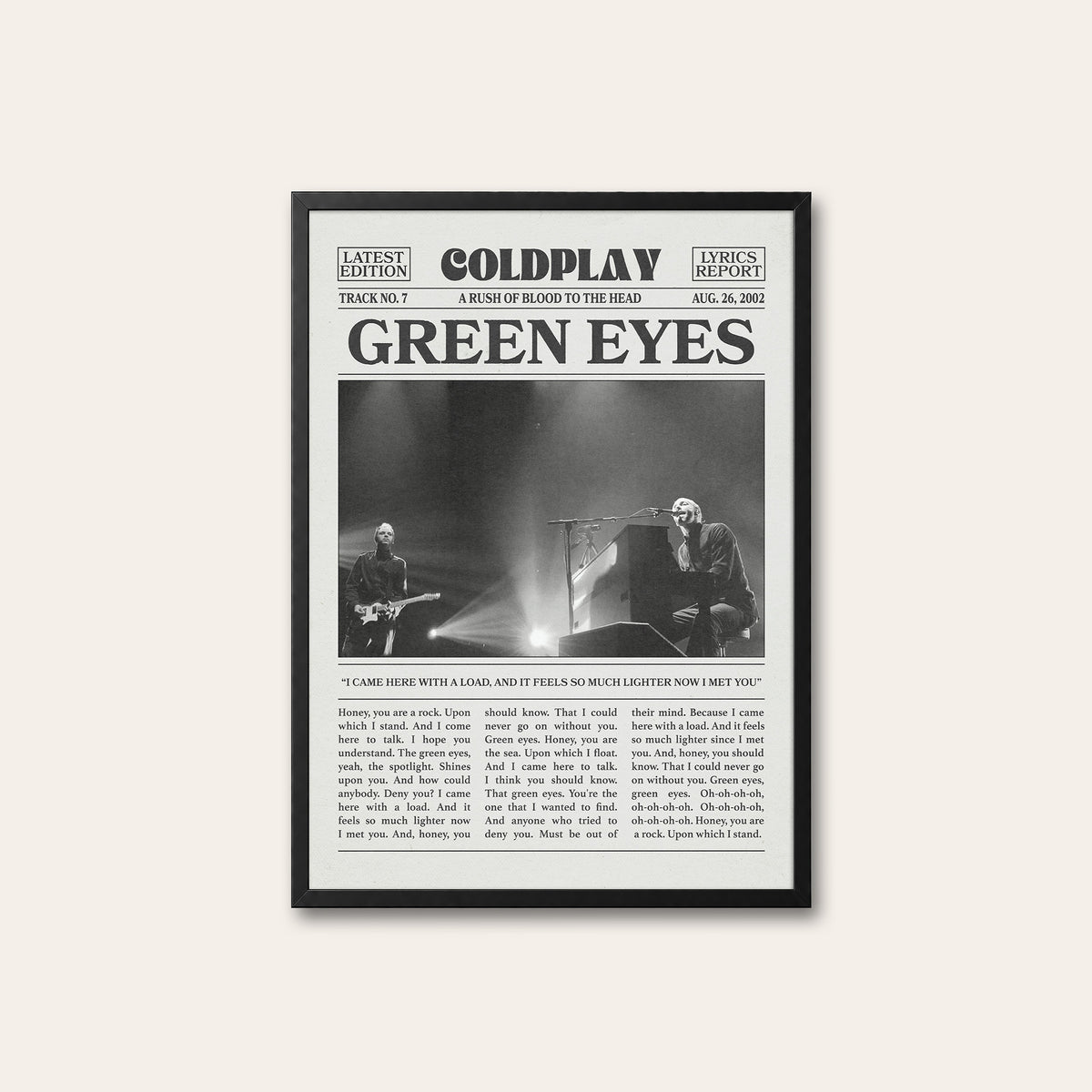 Coldplay Green Eyes newspaper poster — black frame
