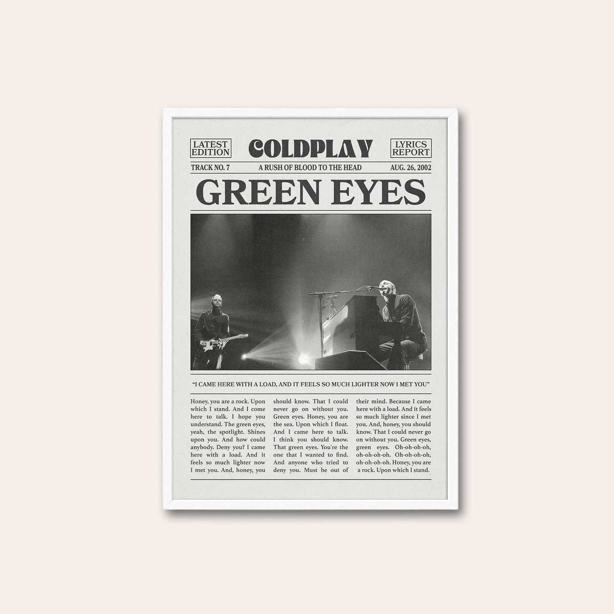 Coldplay Green Eyes newspaper poster — white frame