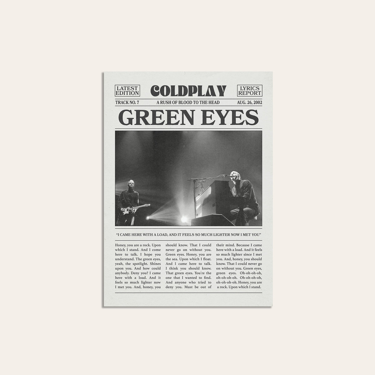 Coldplay Green Eyes newspaper poster — unframed print