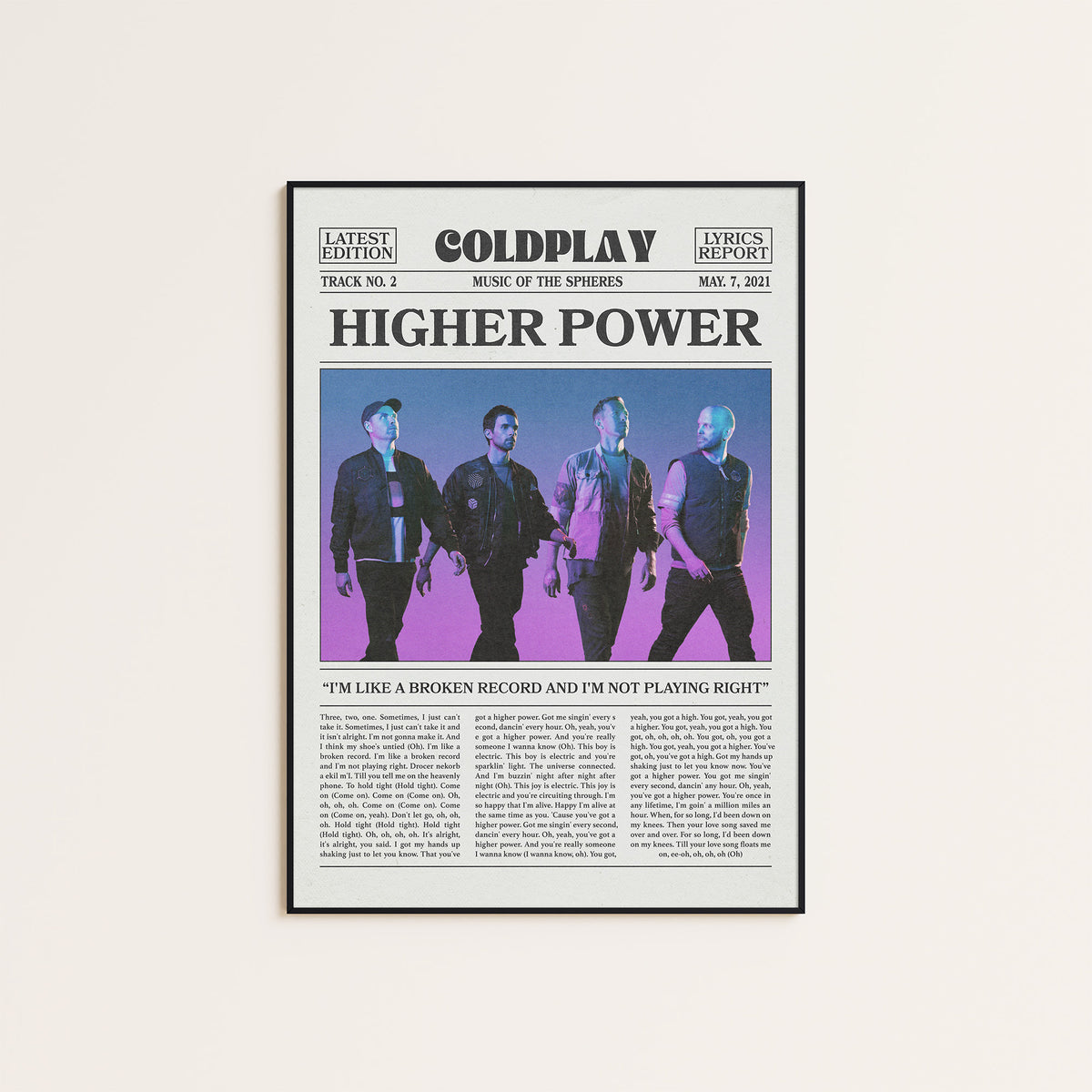 Coldplay Higher Power newspaper poster, Color Band — black frame display