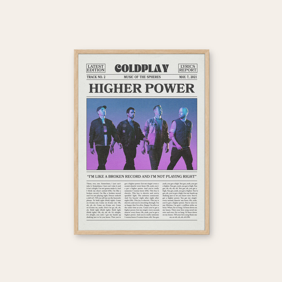 Coldplay Higher Power newspaper poster, Color Band — natural wood frame
