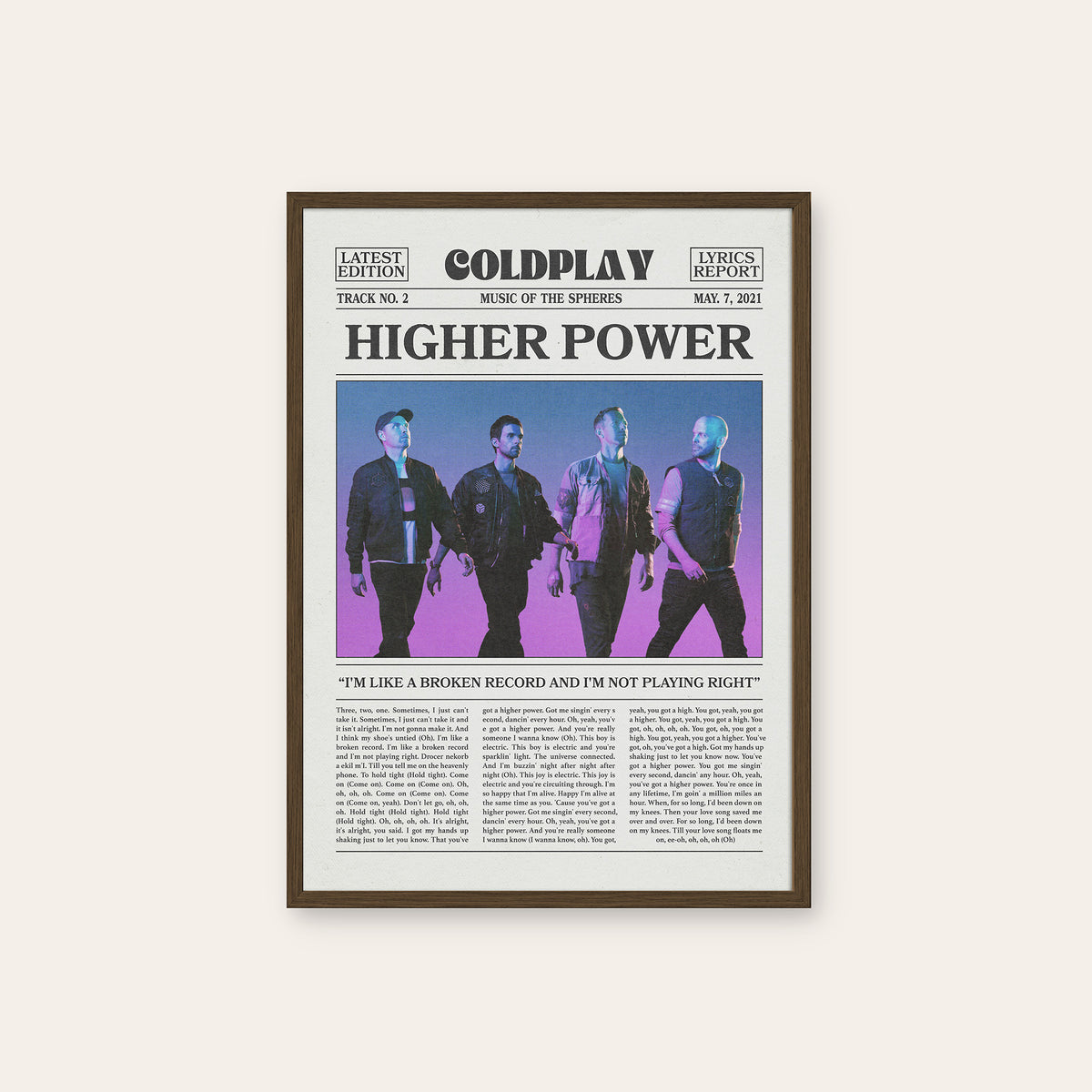Coldplay Higher Power newspaper poster, Color Band — dark wood frame