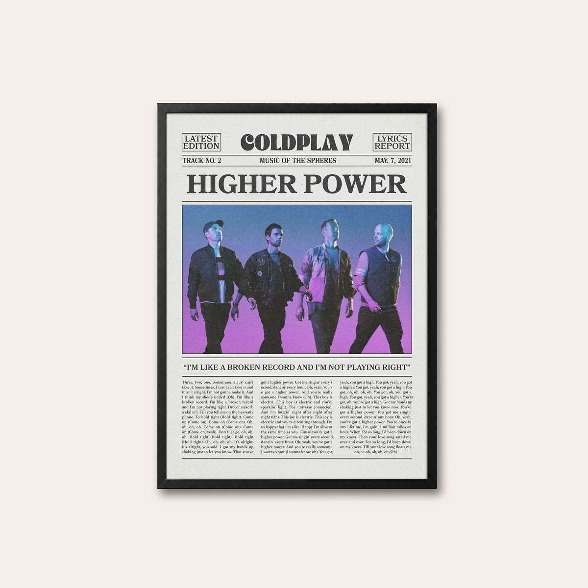 Coldplay Higher Power newspaper poster, Color Band — black frame