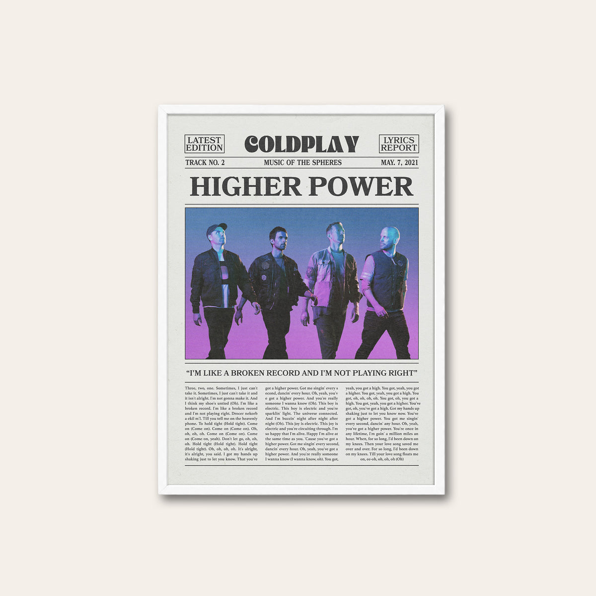 Coldplay Higher Power newspaper poster, Color Band — white frame