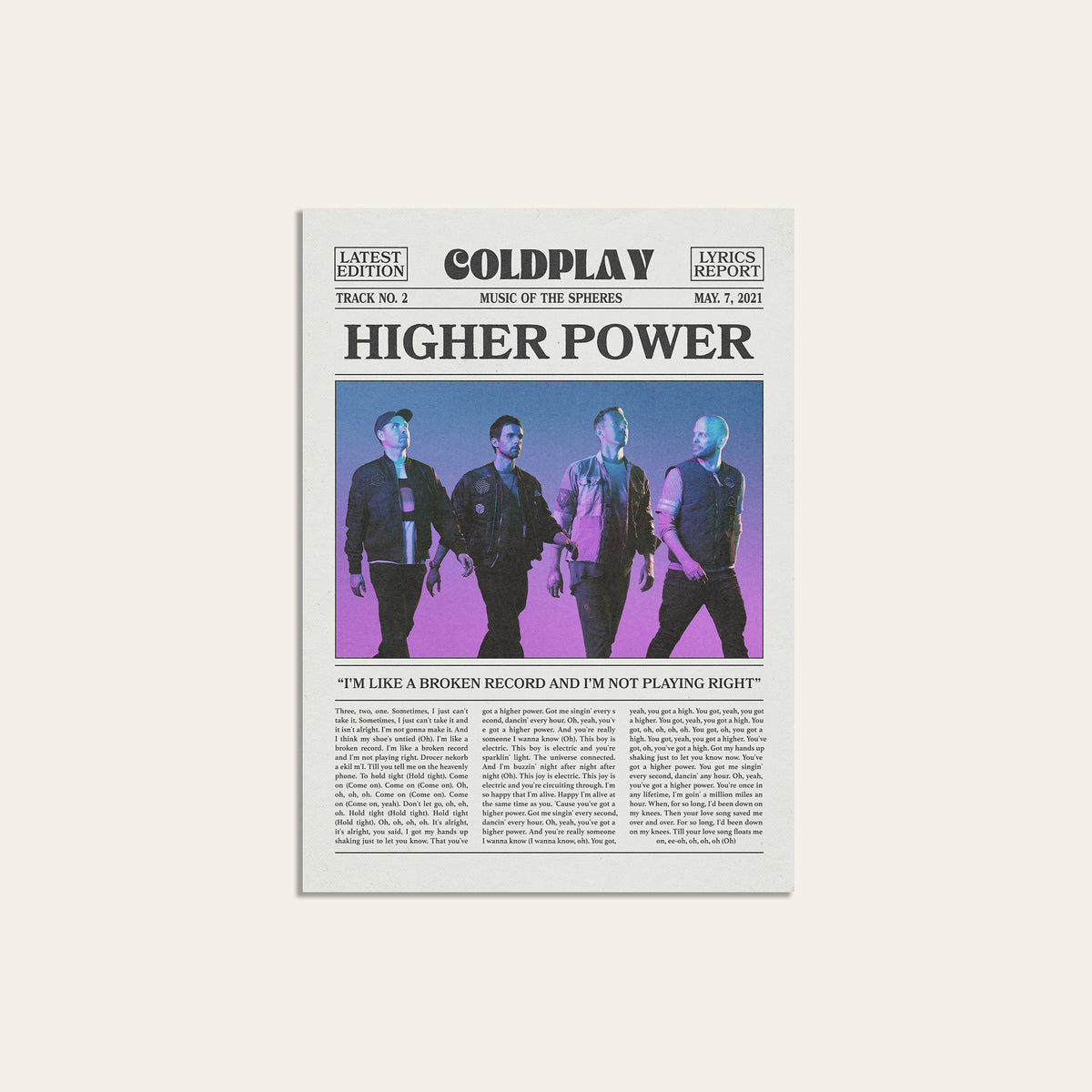 Coldplay Higher Power newspaper poster, Color Band — unframed print