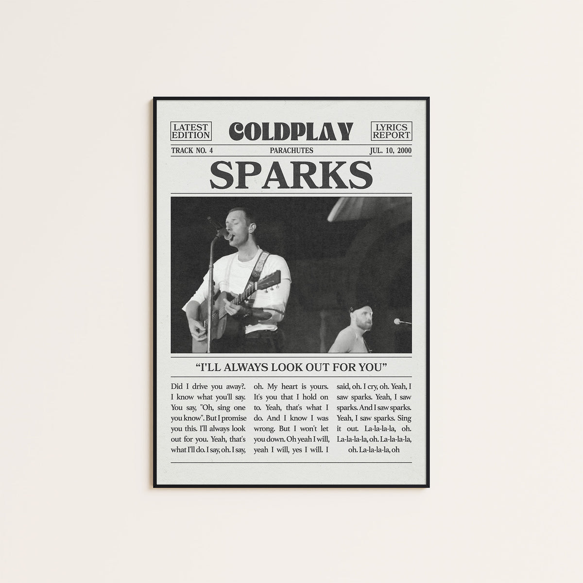 Coldplay Sparks newspaper poster — black frame display
