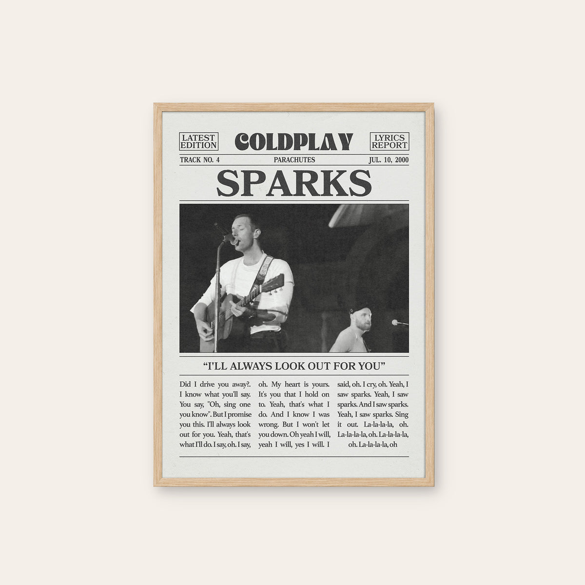 Coldplay Sparks newspaper poster — natural wood frame